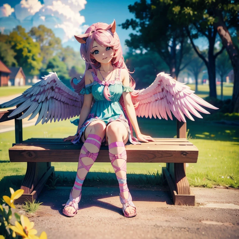 there is a woman sentado em um banco with wings on it, estilo anime 3d, sentado no banco, sentado em um banco, estilo anime 3 d realista, sentado em um banco do parque, com cascos e asas, anime em estilo fantasia, Cosplay de garota de anime, anime 3d realista, cosplay de anime, anime estilizado, estilo anime misturado com fujifilm