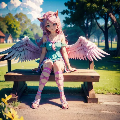there is a woman sitting on a bench with wings on it, anime styled 3d, sitting on bench, sitting on a bench, realistic anime 3 d...