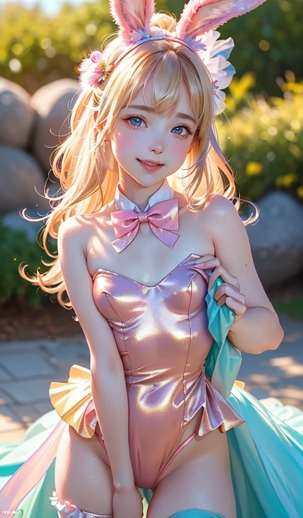 masterpiece, best quality, extremely detailed CG unity 8k wallpaper, (Upper Body head close-up shot of a beautiful little girl), , Elegant Long straight blonde hair, (Mckenna Grace), (flat chest,thighs), (pink-Cyan) golden (Glittering tutu,long Bunny Ear Headgear, , Bow-tie, No panties, genitals visible), (spread legs), (Blush), oil skin, (seductive smile), (Wonderland), pretty face, key art, award winning, intricate detail realism hdr, by (ruan jia and artgerm and range murata), Photorealism, Hyperrealism, ultra realistic, dramatic light, intense shadows, gorgeous view, depth of field
 
