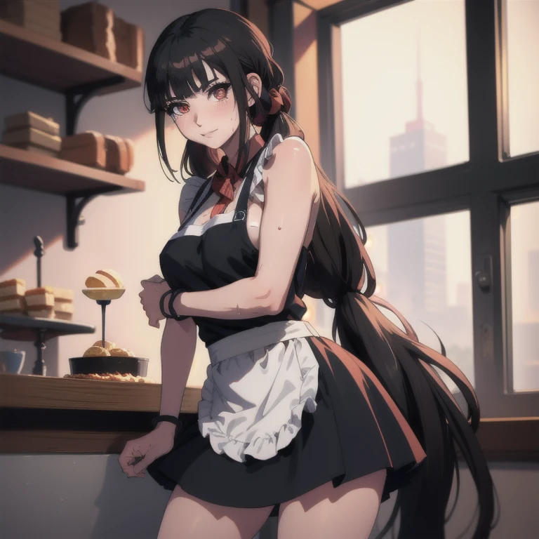 ((Meisterwerk, beste Qualität, highres, UHD, Perfect Pixel, Tiefenschärfe, 8k, rtx, HDR)), brechen, 1 Mädchen, einzel, Allein, schönes Anime-Mädchen, wunderschöner Kunststil, Anime-Figur, ((lange Haare, schwarzes Haar)), (braun:1.4, runde Augen, Schöne Wimpern, realistische Augen),große Brust, ohne Kleidung, nur mit einer weißen Schürze bekleidet, schweißgebadet, Erröten, Mit einem Lächeln, brechen, ein angebissenes Brot in der Hand halten, sexy Pose in einer Konditorei mit Regalen mit viel Brot.