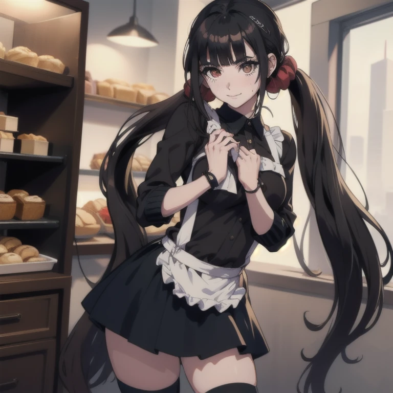 ((masterpiece, best quality, highres, UHD, perfect pixel, depth of field, 8k, RTX, HDR)), BREAK, 1girl, single, solo, beautiful anime girl, beautiful artstyle, anime character, ((long hair, black hair)), (brown:1.4, rounded eyes, beautiful eyelashes, realistic eyes),big breast, without clothes wearing only a white apron, covered in sweat, blushing, with a smile, BREAK, holding a bitten bread in the hand, sexy pose in a pastry shop with shelves with a lot of bread.