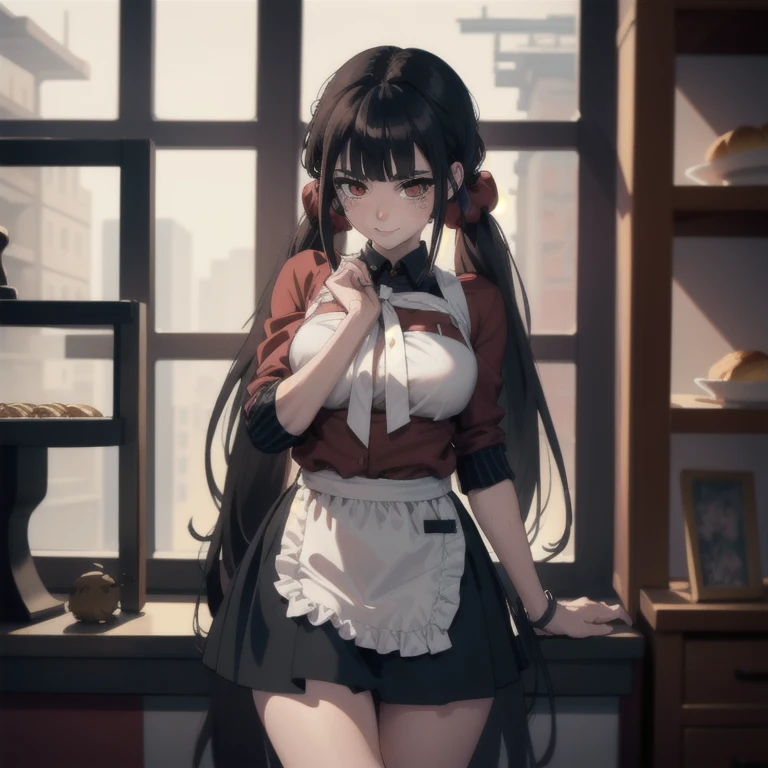 ((chef-d&#39;œuvre, Meilleure qualité, haute résolution, UHD, pixel parfait, profondeur de champ, 8k, RTX, HDR)), casser, 1fille, célibataire, seulement, belle fille animée, beau style artistique, personnage d&#39;anime, ((cheveux longs, cheveux noirs)), (brun:1.4, yeux arrondis, de beaux cils, Yeux réalistes),gros seins, sans vêtements, portant seulement un tablier blanc, couvert de sueur, rougir, Avec un sourire, casser, tenant un pain mordu dans la main, pose sexy dans une pâtisserie avec des étagères avec beaucoup de pain.