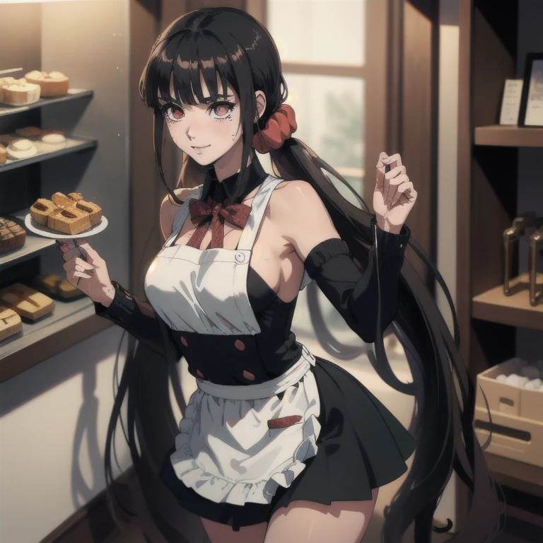 ((chef-d&#39;œuvre, Meilleure qualité, haute résolution, UHD, pixel parfait, profondeur de champ, 8k, RTX, HDR)), casser, 1fille, célibataire, seulement, belle fille animée, beau style artistique, personnage d&#39;anime, ((cheveux longs, cheveux noirs)), (brun:1.4, yeux arrondis, de beaux cils, Yeux réalistes),gros seins, sans vêtements, portant seulement un tablier blanc, couvert de sueur, rougir, Avec un sourire, casser, tenant un pain mordu dans la main, pose sexy dans une pâtisserie avec des étagères avec beaucoup de pain.