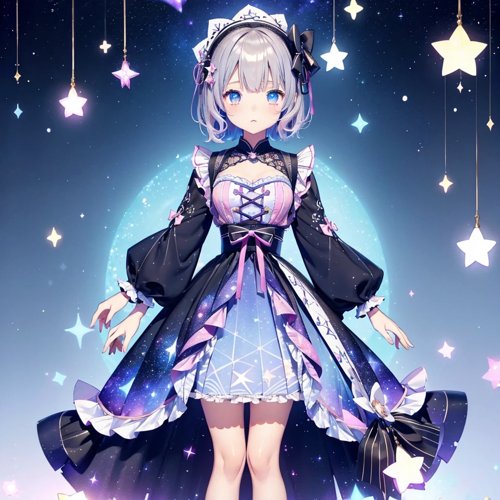 1fille、vtuber-fullbody、Fée des étoiles、「Un kimono à motifs de galaxies magnifiquement imprimé et une tenue gothique lolita.、Mini-jupe plissée à motif spatial avec volants、Portrait complet du corps de face、des yeux enchanteurs、Visage parfait et magnifique、Détails exquis、image claire、la plus haute qualité。」cheveux courts、