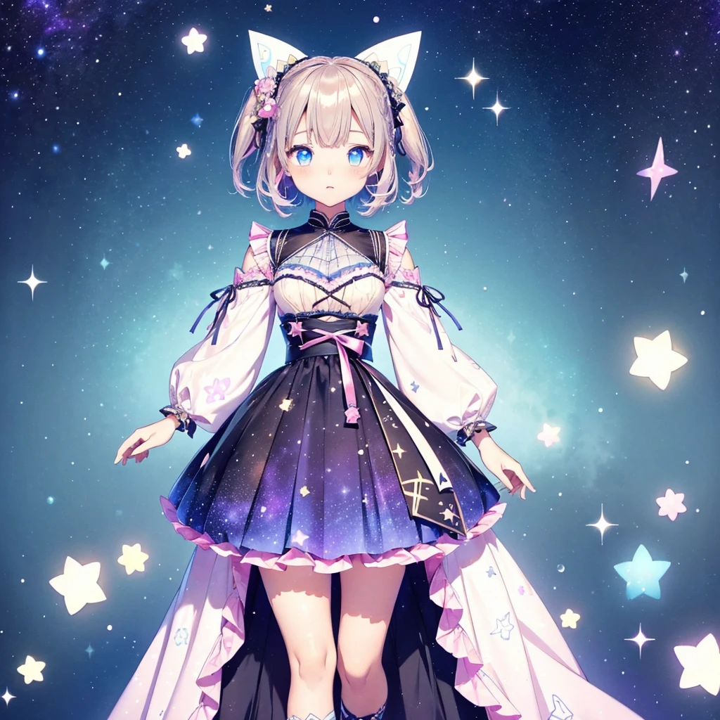 1fille、vtuber-fullbody、Fée des étoiles、「Un kimono à motifs de galaxies magnifiquement imprimé et une tenue gothique lolita.、Mini-jupe plissée à motif spatial avec volants、Portrait complet du corps de face、des yeux enchanteurs、Visage parfait et magnifique、Détails exquis、image claire、la plus haute qualité。」cheveux courts、