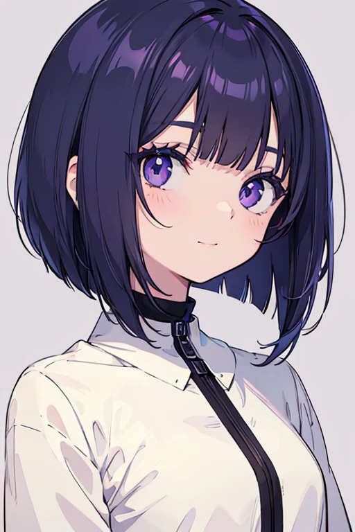 Anime-style portrait of a girl with a deep violet bob cut making eye contact with the camera, bright eyes, subtle smile, minimalistic background to emphasize character, high contrast, clean lines, digital painting, vivid colors