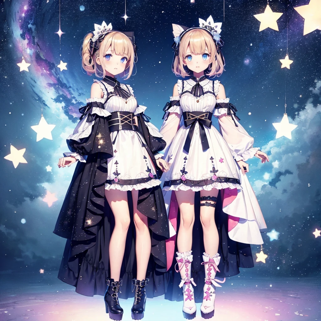 1girl、vtuber-fullbody、Star Fairy、「A beautifully printed galaxy patterned kimono and gothic lolita outfit.、Space pattern box pleated mini skirt with ruffles、Front full body portrait、Knee-high boots、enchanting eyes、Perfect and stunning face、exquisite details、clear image、highest quality。」short hair、