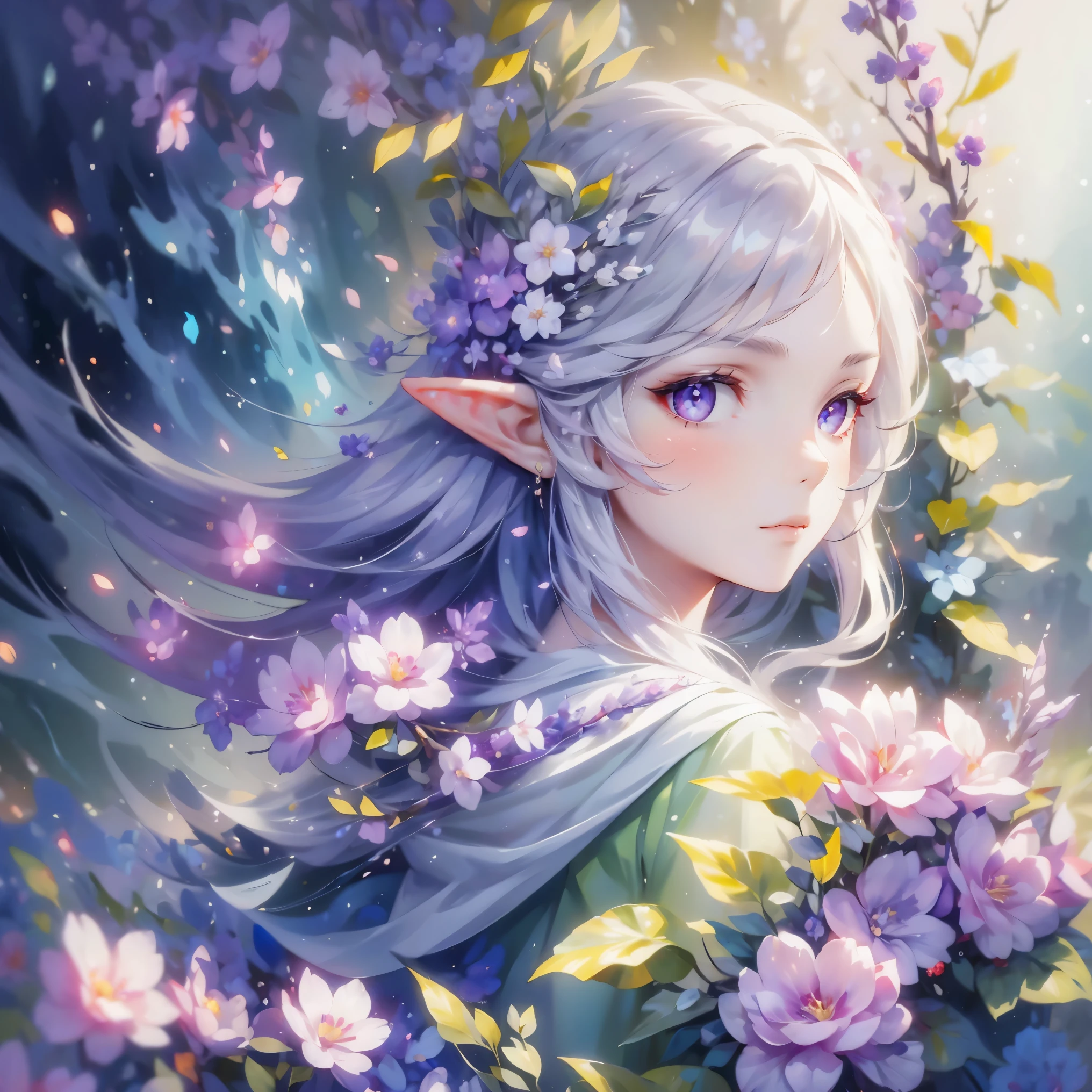 (masterpiece, 8K, Super detailed), 1 person, Create a gorgeous portrait of an Elven King, long white hair, purple eyes, Bokeh, shimmer,
