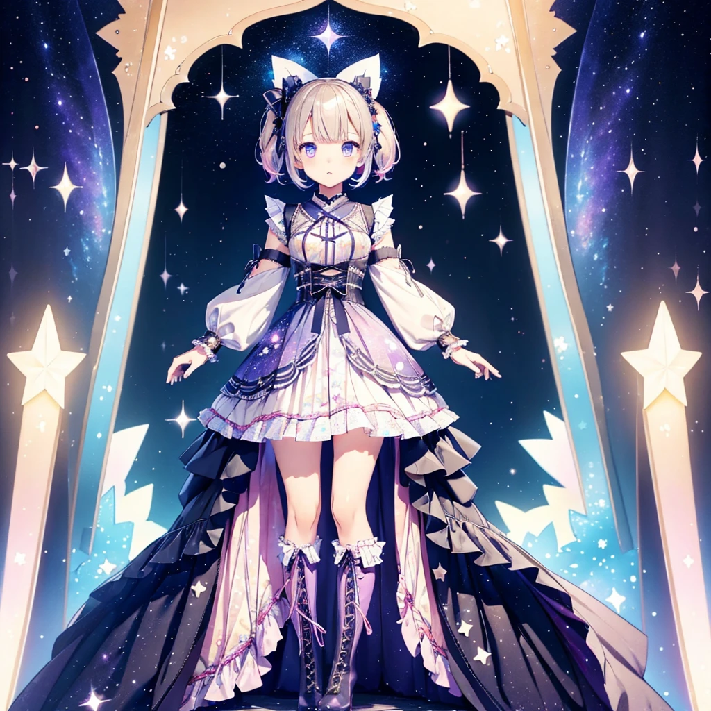 1girl、vtuber-halfbody、Star Fairy、「A beautifully printed galaxy patterned kimono and gothic lolita outfit.、Space pattern box pleated mini skirt with ruffles、front portrait、Knee-high boots、enchanting eyes、Perfect and stunning face、exquisite details、clear image、highest quality。」short hair、lower body shot、