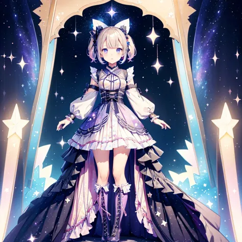 1girl、vtuber-halfbody、Star Fairy、「A beautifully printed galaxy patterned kimono and gothic lolita outfit.、Space pattern box plea...