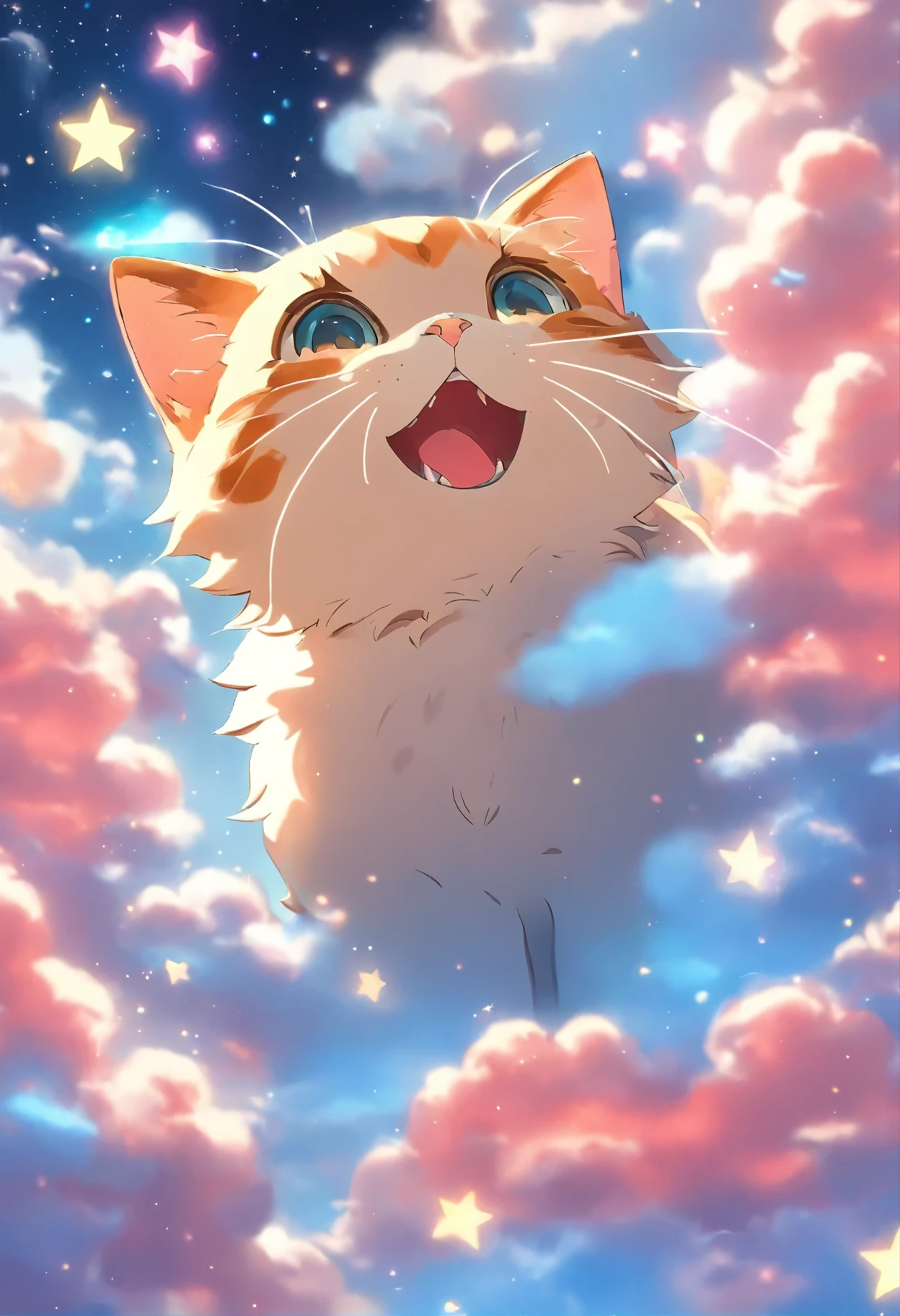 Anime cat with open mouth in the sky with stars - SeaArt AI