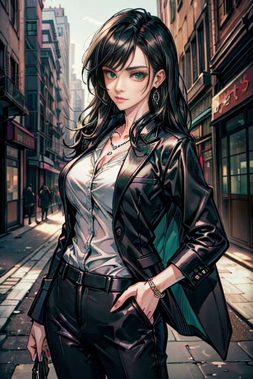 (masterpiece, best quality, highres, ultra-detailed), 1woman, long wave black hair, green eyes, handsome, detailed eyes and face, perfect body, earrings, ear piercing,  unbuttoned black blazer, white shirt, trousers, bare collarbones, chain necklace, city slums background, by amano akira