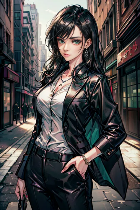 (masterpiece, best quality, highres, ultra-detailed), 1woman, long wave black hair, green eyes, handsome, detailed eyes and face...