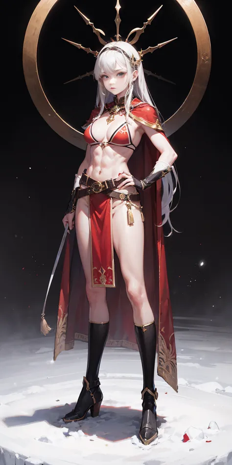 full body standing straight symmetrical, FEMALE warrior princess, big belt around waist, hair, very white skin like snow, strong...
