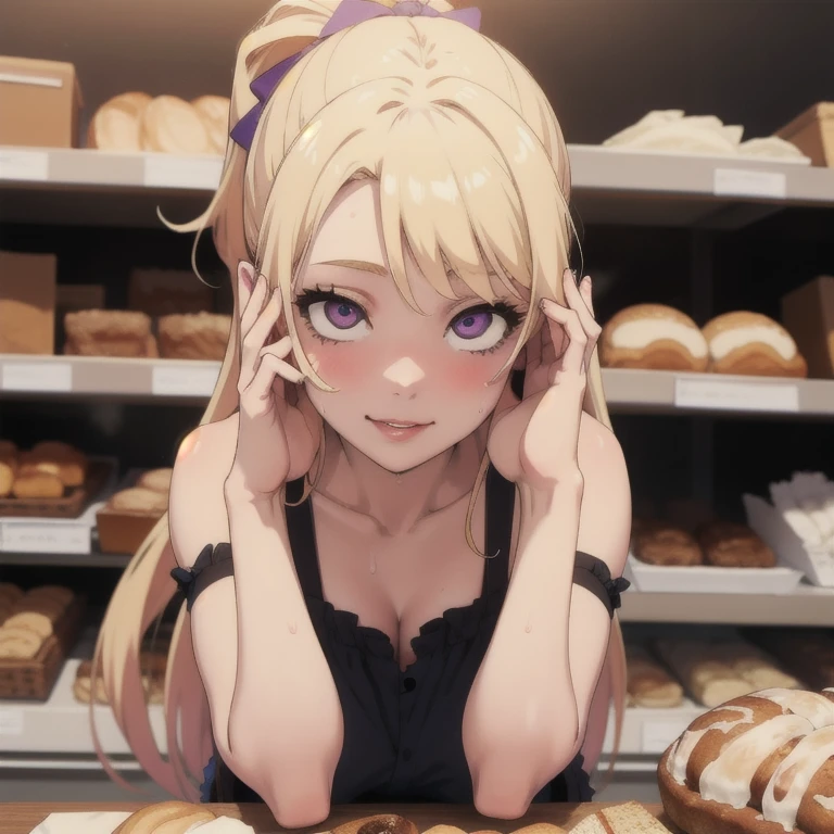 ((masterpiece, best quality, highres, UHD, perfect pixel, depth of field, 8k, RTX, HDR)), BREAK, 1girl, single, solo, beautiful anime girl, beautiful artstyle, anime character, ((long hair, blond hair)), (purple:1.4, rounded eyes, beautiful eyelashes, realistic eyes),big breast, without clothes wearing only a white apron, covered in sweat, blushing, with a smile, BREAK, holding a bitten bread in the hand, sexy pose in a pastry shop with shelves with a lot of bread.