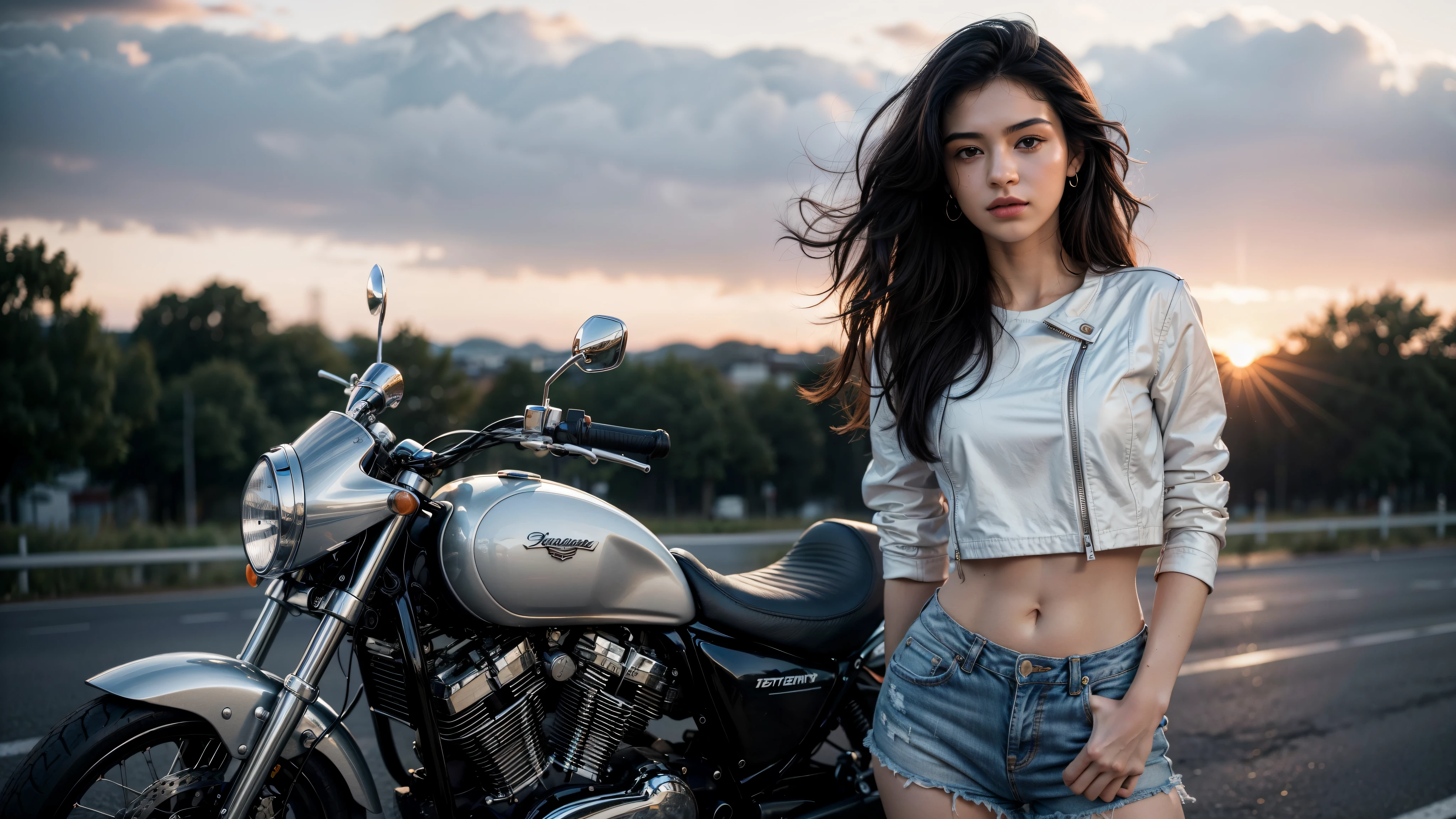 a gorgeous 20 years old European woman, black wavy hair,  standing on the road, motorbike in the background, sexy pose, white cotton crop top, super short denim shorts, leather jacket, Looking at the camera, full body pics (in the sunset light:1.2),
perfect eyes, perfect hands, perfect body, perfect hair, perfect breast, hair behind ear, blurry foreground, UHD, retina, masterpiece, accurate, anatomically correct, textured skin, super detail, high details, high quality, award winning, best quality, highres, 16k, 8k