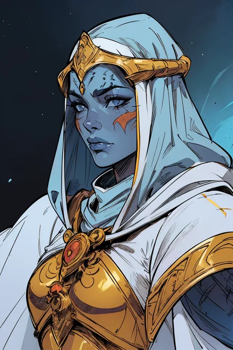woman crusader, full detailed beautiful armor, ((elegant headdress over hood)), blue skin, ((scars around mouth)), fantasy, SCI-...