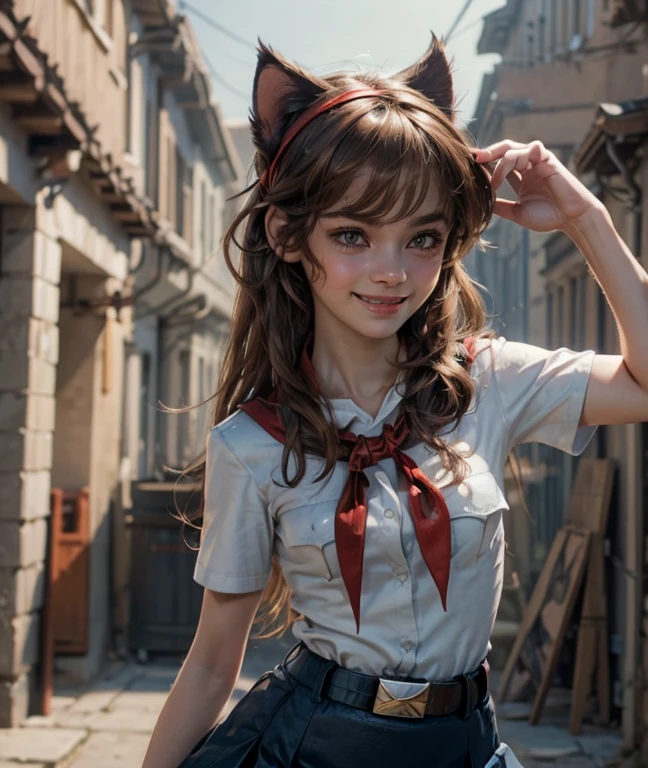 detailed eyes, full height, masterpiece, (((skinny body))), (looking at viewer, 8k vector photography, very young girl, beautiful brown eyes, realistic lighting, detailed outfit, realistic facial features, hyper detail, ((perfect angle, perfect pose)), ((very long brown disheveled hair)), a strand between eyes, flat chest, pioneer neckerchief, pioneer movement soviet pioneer, micro blue skirt, bangs, shirt, , collarbone, very toght white shirt, short sleeves, collared shirt, belt, neckerchief, eyelashes, red neckerchief, pocket, breast pocket, parororo, smiling, band on head with fake cat ears 