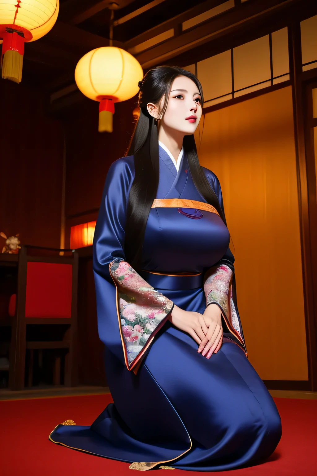 von unten,Meisterwerk,beste Qualität,1 Mädchen,schwarze lange Haare,Reife und intellektuelle Dame,Schön,riesige Brüste,hanfu,China_Kleid,Traditionelle chinesische Kleidung,Restaurant,Kniend,in der Nacht