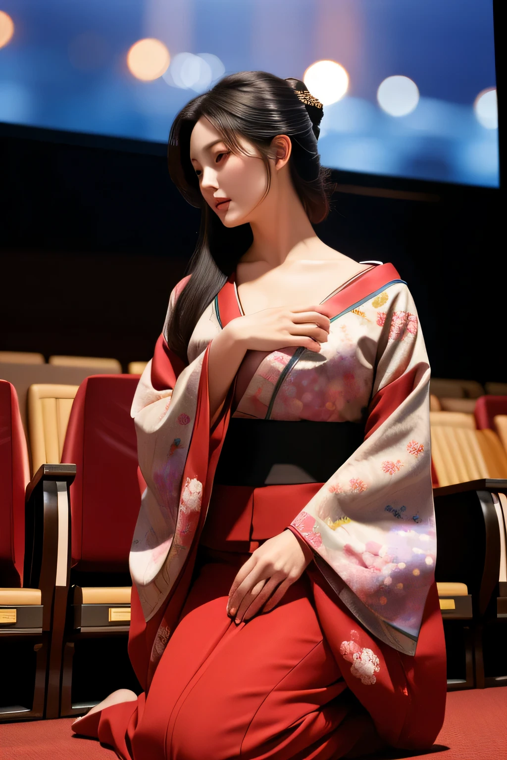 from below,masterpiece,Best quality,1girl,black long hair,Mature and intellectual lady,beautiful,small breasts,japanese clothes,kimono,in movie theatre,kneeling,in the evening