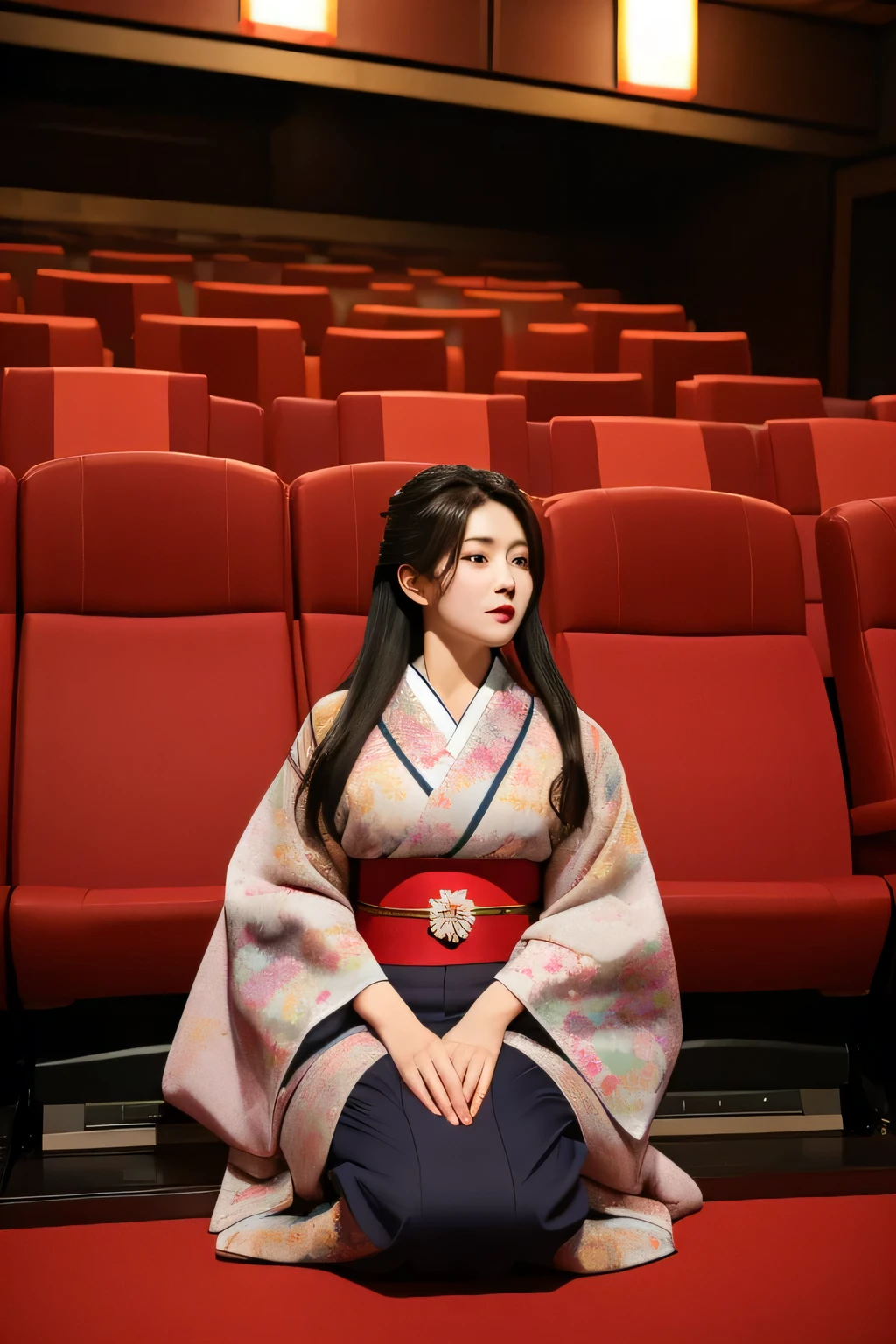 from below,masterpiece,Best quality,1girl,black long hair,Mature and intellectual lady,beautiful,small breasts,japanese clothes,kimono,in movie theatre,kneeling,in the evening