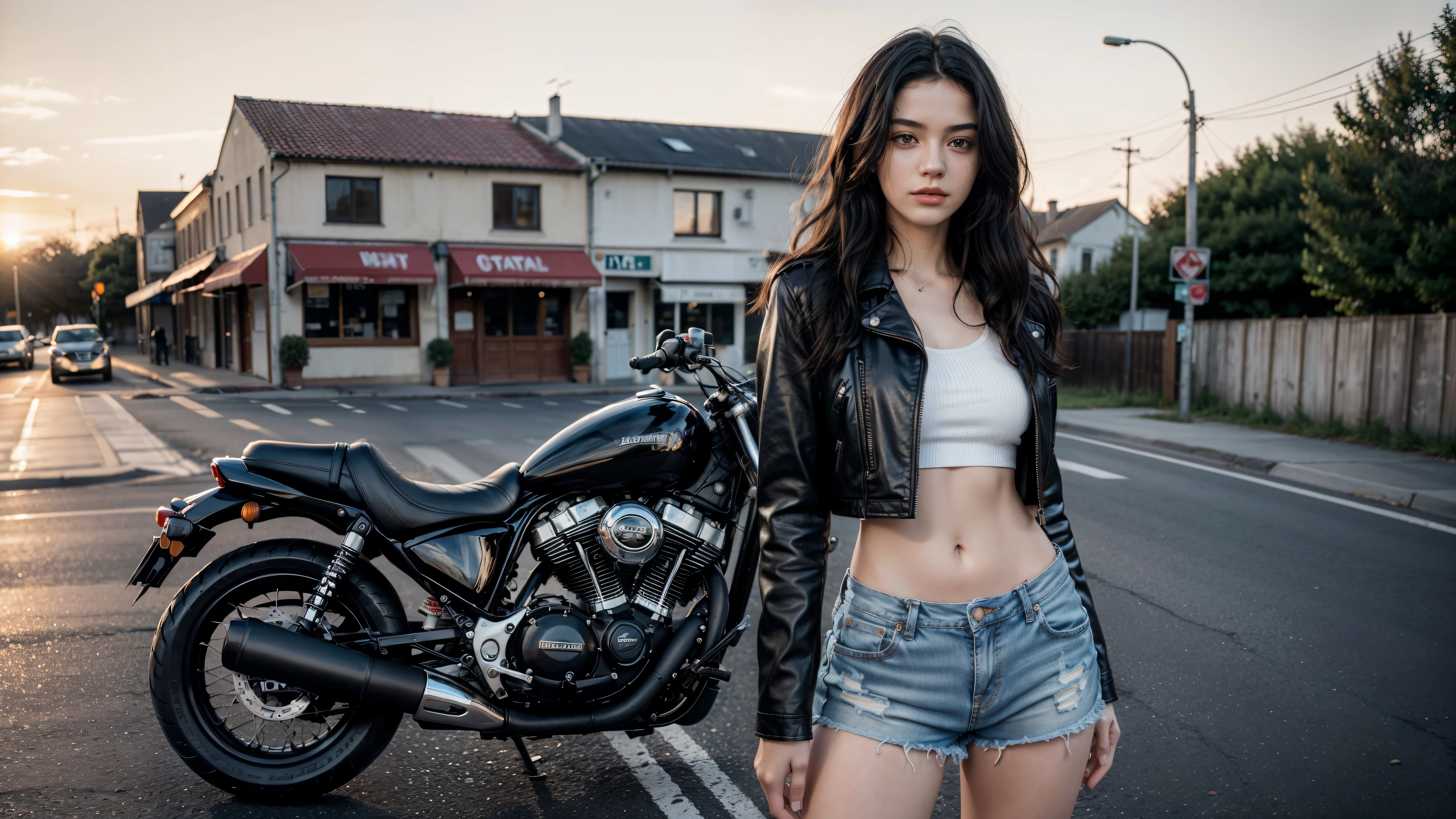 a gorgeous 20 years old European woman, black wavy hair,  standing on the road, motorbike in the background, white cotton crop top, super short denim shorts, leather jacket, Looking at the camera, full body pics (in the sunset light:1.2),
perfect eyes, perfect hands, perfect body, perfect hair, perfect breast, hair behind ear, blurry foreground, UHD, retina, masterpiece, accurate, anatomically correct, textured skin, super detail, high details, high quality, award winning, best quality, highres, 16k, 8k