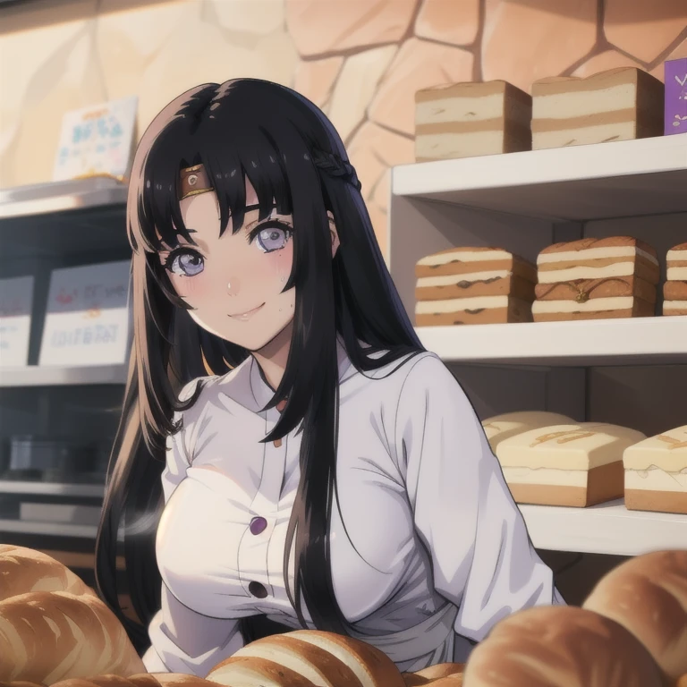 ((masterpiece, best quality, highres, UHD, perfect pixel, depth of field, 8k, RTX, HDR)), BREAK, 1girl, single, solo, beautiful anime girl, beautiful artstyle, anime character, ((long hair, black hair)), (purple:1.4, rounded eyes, beautiful eyelashes, realistic eyes),big breast, without clothes wearing only a white apron, covered in sweat, blushing, with a smile, BREAK, holding a bitten bread in the hand, sexy pose in a pastry shop with shelves with a lot of bread.