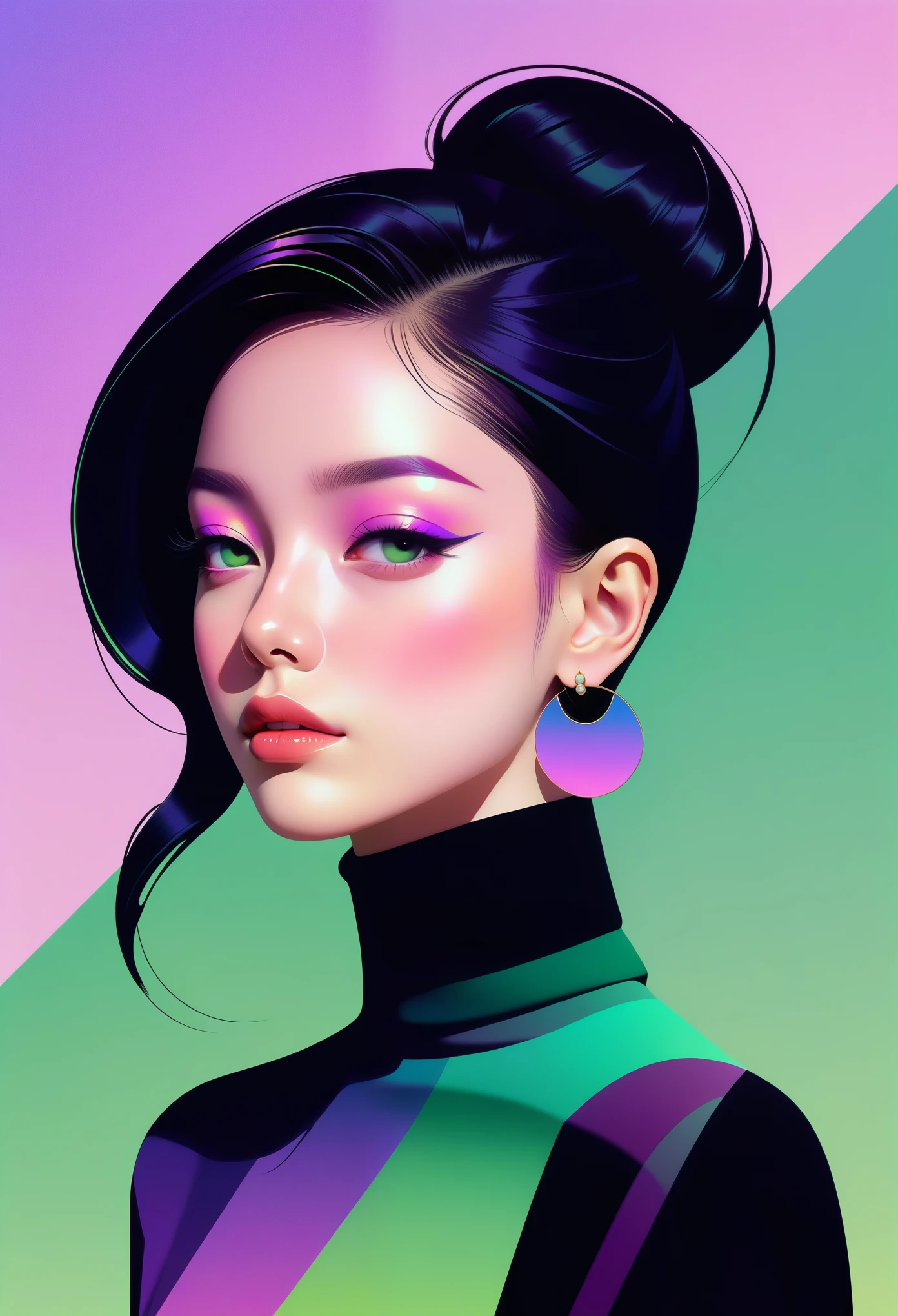 (((vector，flat form style，illustration，数字艺术illustration)))，1 girl，Unique，pretty face，earrings，portrait，Shoulder，Black high neck，Geometric gradients，gradient lines，artistic conception，Abstract，Minimalism，minimalist lines，portrait，purples and greens，Rhythmic lines