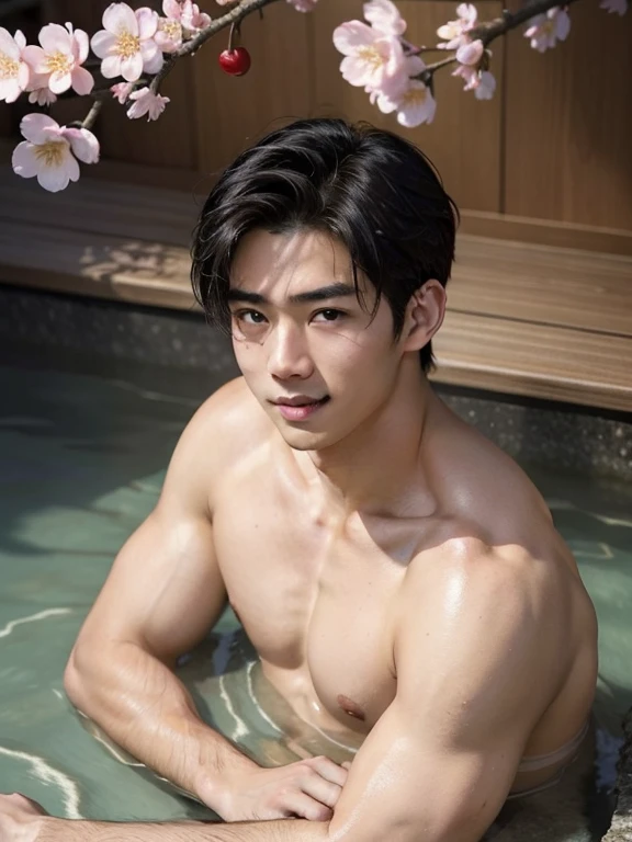 Naked man , Hot spring , hot spring with cherry blossom view , early afternoon,  adorable smile , nude ,realistic handsome Japanese face , modest muscles , masterpiece、A high resolution、hyperrealism、detailed face、solo、a men、glowing skin、(Asian)、(young、teenager)、Handsome、detailed background、Handsome