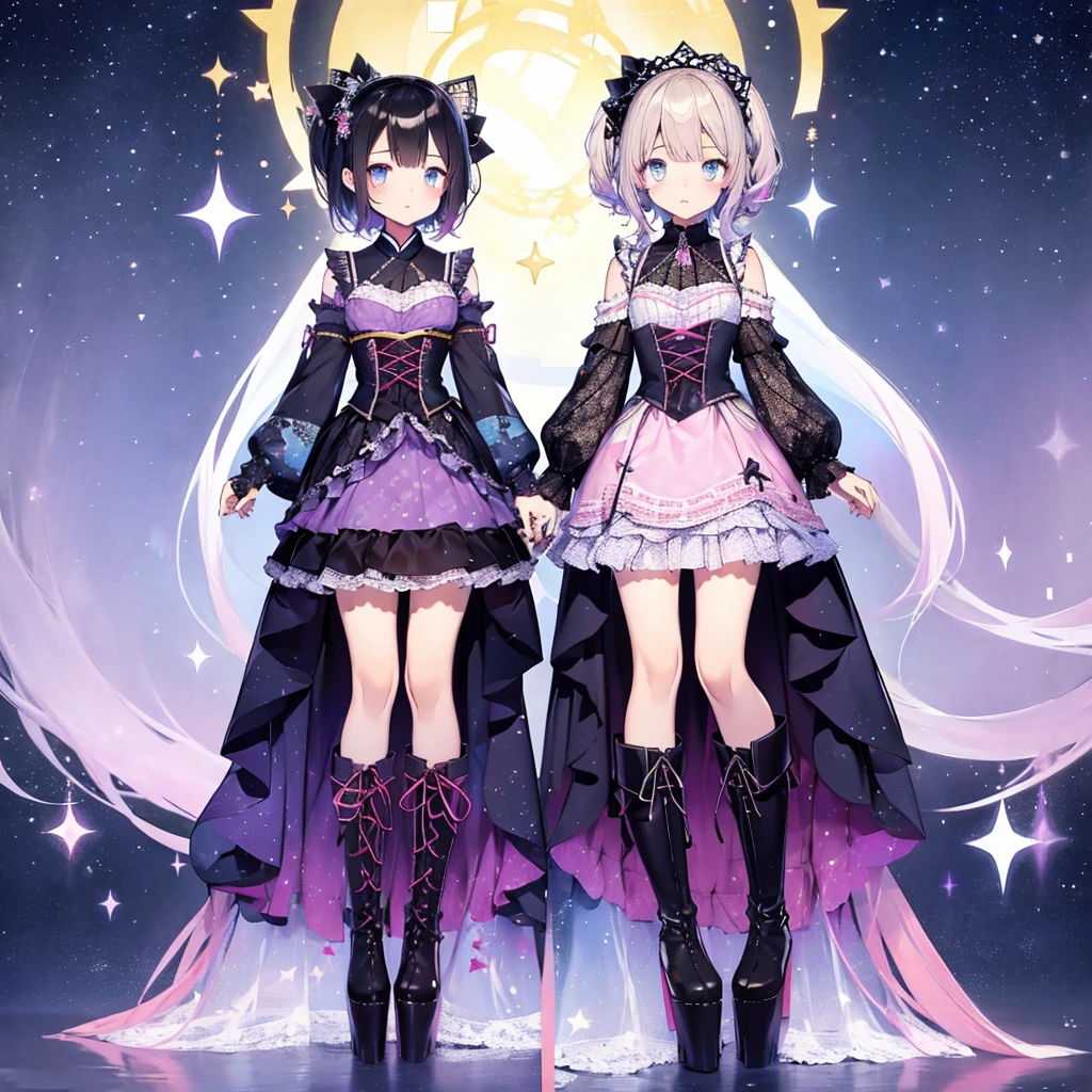 1 Mädchen、Unterkörperaufnahme、Konzentrieren Sie sich auf Stiefel、vtuber-Halbkörper、Sternenfee、「Ein wunderschön bedruckter Kimono mit Galaxienmuster und ein Gothic-Lolita-Outfit.、Minirock mit Plisseefalten und Rüschen im Weltraummuster、Frontportrait、Kniehohe Stiefel、bezaubernde Augen、Perfektes und atemberaubendes Gesicht、Erlesene Details、klares Bild、höchste Qualität。」kurzes Haar、