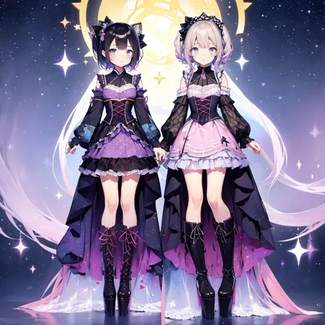 1girl、lower body shot、Focus on boots、vtuber-halfbody、Star Fairy、「A beautifully printed galaxy patterned kimono and gothic lolita...