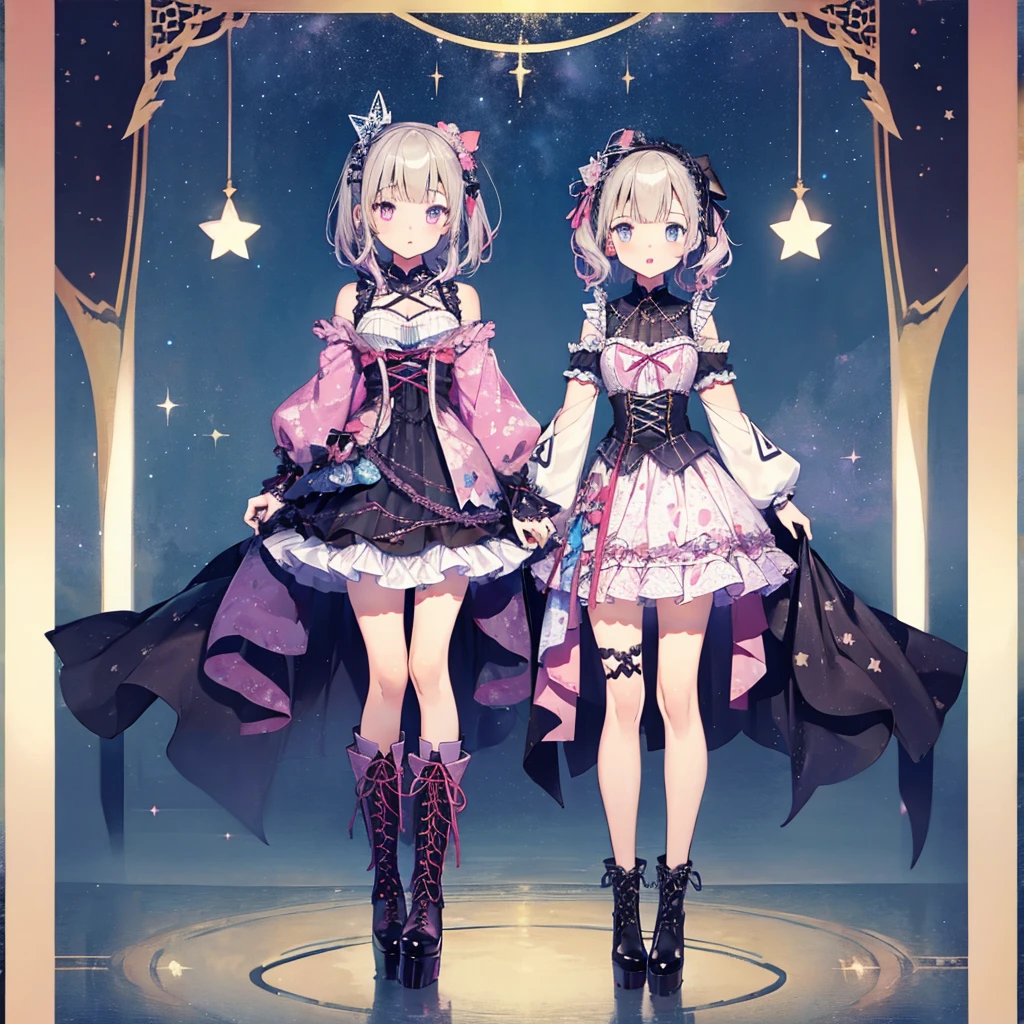 (((1girl)))、lower body shot、Focus on boots、vtuber-halfbody、Star Fairy、「A beautifully printed galaxy patterned kimono and gothic lolita outfit.、Space pattern box pleated mini skirt with ruffles、front portrait、Knee-high boots、enchanting eyes、Perfect and stunning face、exquisite details、clear image、highest quality。」short hair、