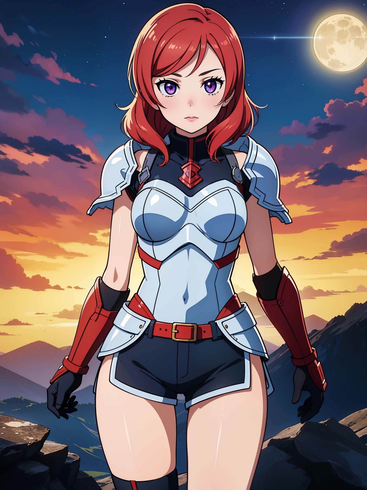 (obra maestra, mejor calidad, alta calidad), frente al espectador,iluminación volumétrica, ilustración, Hermoso, Iluminación perfecta, sombras perfectas,maki nishikino , tiro de vaquero, (armadura de plata:1.2), shorts cortos, muslos, solo, ojos morados ,cabello rojo ,en las montañas,bajo la luz de la luna, pose dinámica