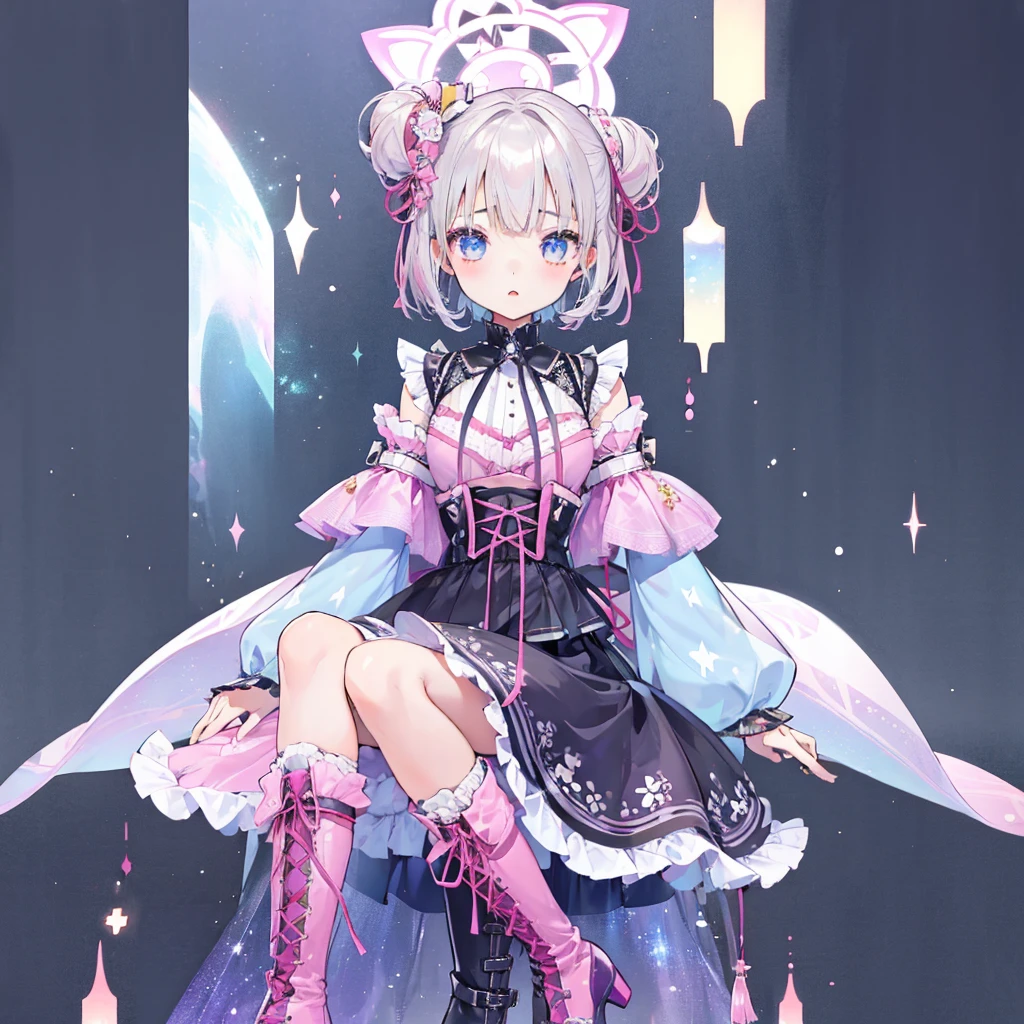 (((1girl)))、lower body shot、Focus on boots、vtuber-halfbody、Star Fairy、「A beautifully printed galaxy patterned kimono and gothic lolita outfit.、Space pattern box pleated mini skirt with ruffles、front portrait、Knee-high boots、enchanting eyes、Perfect and stunning face、exquisite details、clear image、highest quality。」short hair、