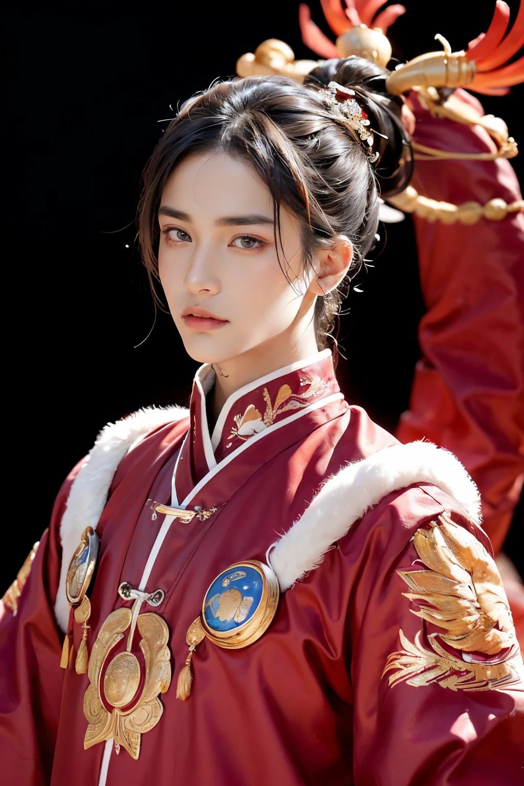 (A handsome guy wearing a Chinese ancient costume, the outfit adorned with intricate phoenix patterns, is captured in a half-length photo taken from the front. His chiseled features are elegantly illuminated under professional lighting, bringing out the delicate details of his face. His eyes, beautifully detailed and expressing a gentle yet confident gaze, are the focal point of the image. The top-quality, highly detailed picture is a masterpiece, perfect for use as a wallpaper or a portrait.)