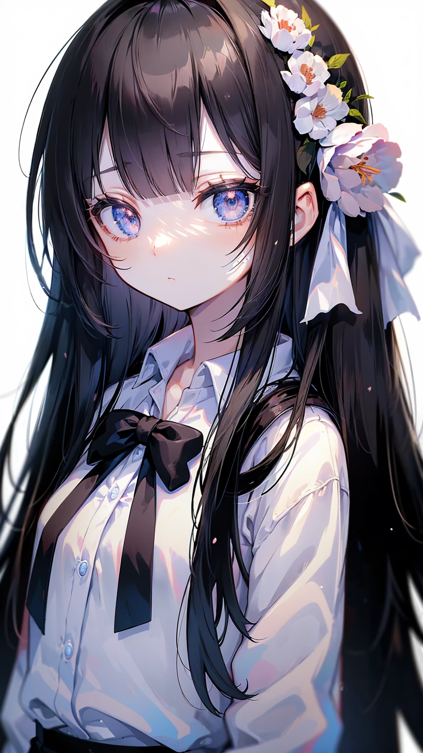 Anime,(affronter),(beaux yeux détaillés), cheveux noirs,yeux argentés, chef-d&#39;œuvre,regarder le spectateur, meilleur_qualité,fond blanc,chef-d&#39;œuvre,chemise blanche, bras derrière le dos, 1 fille