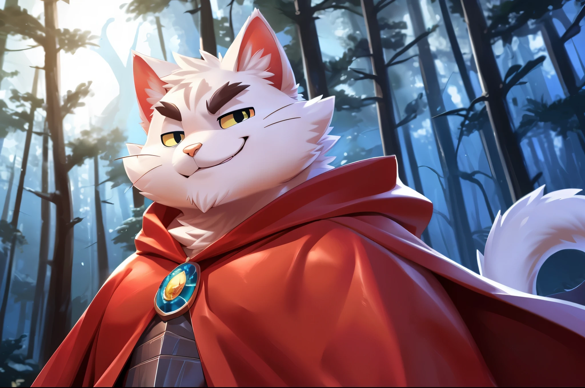 solo, ((fluffy fur, fluffy, furry body)), detailed fluffy fur, detailed face, detailed eyes, (dynamic pose), (ultra detailed), sharp focus, niji, eyesgod, furry, (knight costume, long red cherry cloak), white beard, anthro ((domestic cat, cat:1.5)), male, middle-aged, ultra detailed face, high details, high quality, (best quality,4k,8k,highres,masterpiece:1.2), by takemoto arashi, by kulplant, by null-ghost, by 69panda, dynamic lighting, looking at viewer, close-view portrait, (at magical forest:1.5), (smirk, furrowed eyebrow, half-closed eyes:1.4), cartoon style, (chibi:1.2), front view