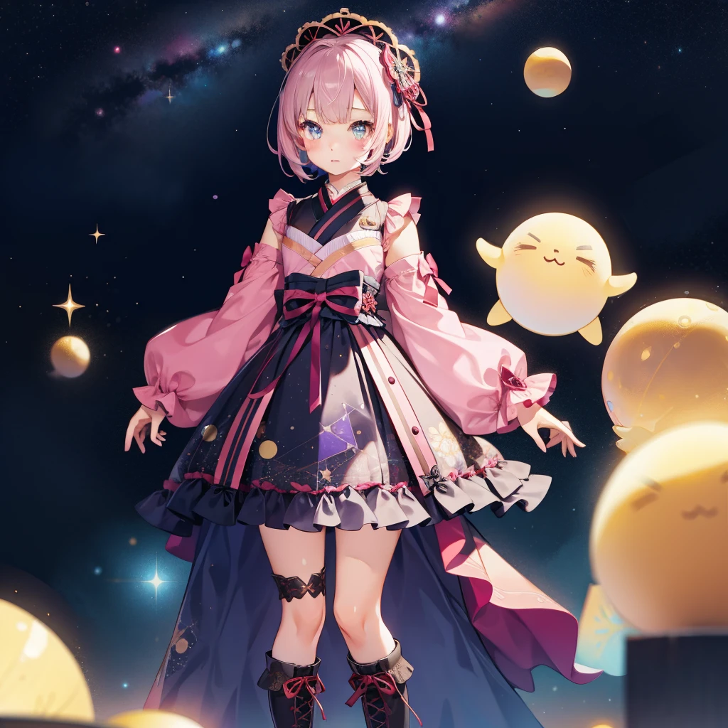 (((1girl)))、lower body shot、Focus on boots、vtuber-halfbody、Star Fairy、「A beautifully printed galaxy patterned kimono and gothic lolita outfit.、Space pattern box pleated mini skirt with ruffles、front portrait、Knee-high boots、enchanting eyes、Perfect and stunning face、exquisite details、clear image、highest quality。」short hair、