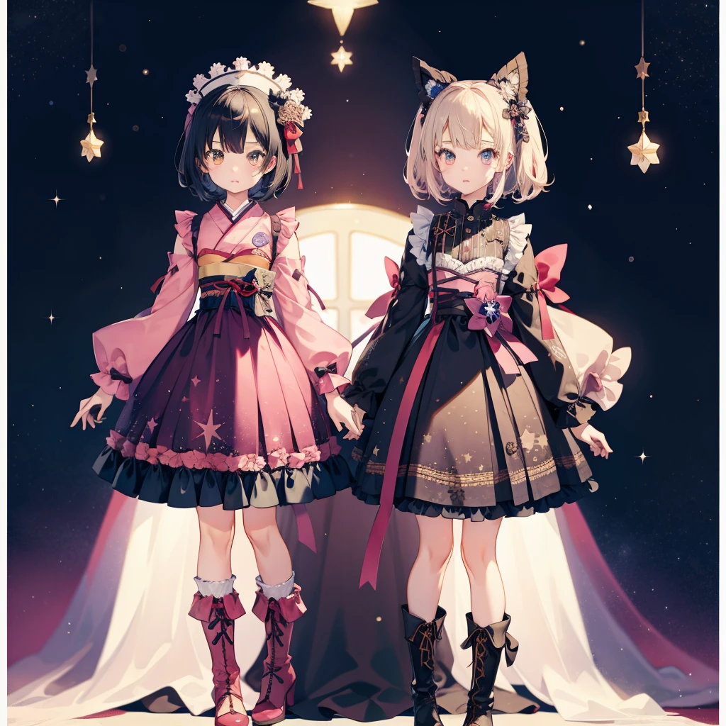 (((1girl)))、lower body shot、Focus on boots、vtuber-halfbody、Star Fairy、「A beautifully printed galaxy patterned kimono and gothic lolita outfit.、Space pattern box pleated mini skirt with ruffles、front portrait、Knee-high boots、enchanting eyes、Perfect and stunning face、exquisite details、clear image、highest quality。」short hair、