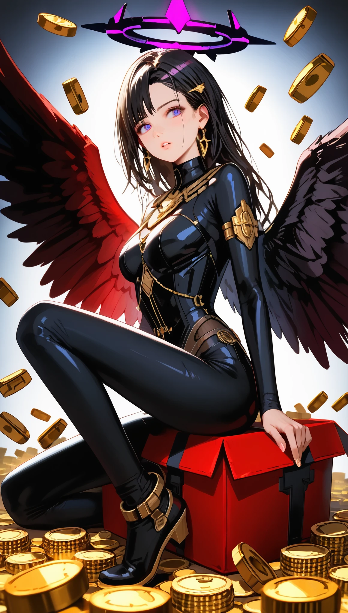 (best quality,4k,8k,highres,masterpiece:1.2),ultra-detailed,(realistic,photorealistic,photo-realistic:1.37),beautiful detailed eyes,beautiful detailed lips,extremely detailed eyes and face, long eyelashesDark Angel Olivia, Black purple halo, red wings, （see though Black bodysuit：1.5）, Beautifully carved large box, The box is filled with shining gold coins, Box bullets shoot out tentacles, Violent struggling movements, Combat Action, dynamic poses, Thrilling moments, , From side