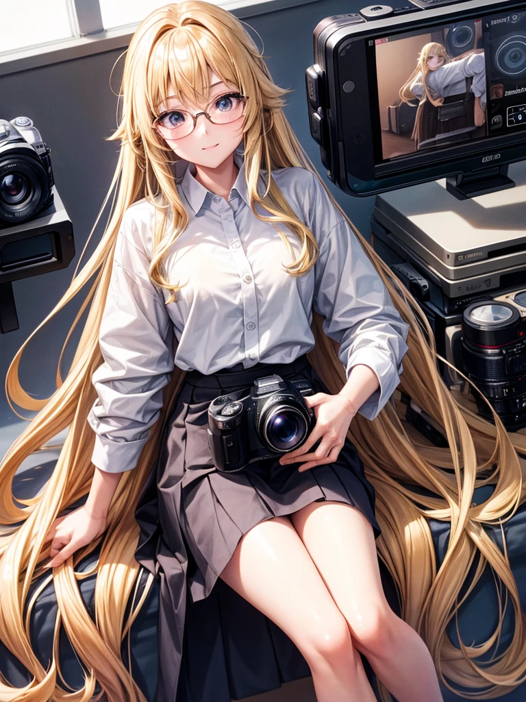 20 year old female、shiny hair quality、beautiful blonde、straight hair、super long hair、Shaggy Hair、Glasses、Glasses美人、Digital single-lens camera、Olympus Camera、Micro Four Thirds、cameraman、プロcameraman、shirt、skirt、cute、perfect skeleton