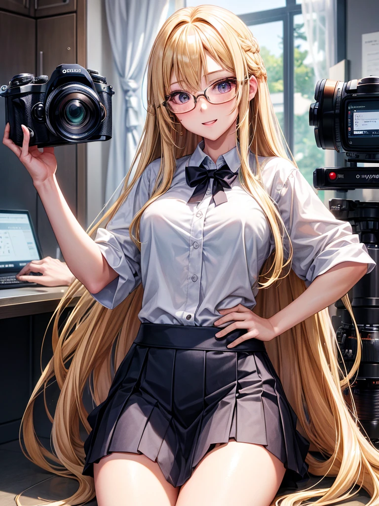 20 year old female、shiny hair quality、beautiful blonde、straight hair、super long hair、Shaggy Hair、Glasses、Glasses美人、Digital single-lens camera、Olympus Camera、Micro Four Thirds、cameraman、プロcameraman、shirt、skirt、cute、perfect skeleton