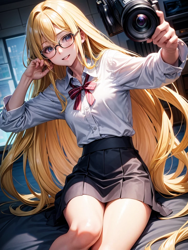 20 year old female、shiny hair quality、beautiful blonde、straight hair、super long hair、Shaggy Hair、Glasses、Glasses美人、Digital single-lens camera、Olympus Camera、Micro Four Thirds、cameraman、プロcameraman、shirt、skirt、cute、perfect skeleton