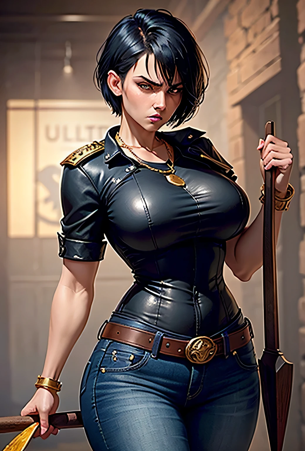 Lady police, hot, black short, blue jeans, big bust, short hair, gold necklace, right hand raised, holding paddle, angry look, side view, dimly lit dungeon, ultra-realistic, detailed image 