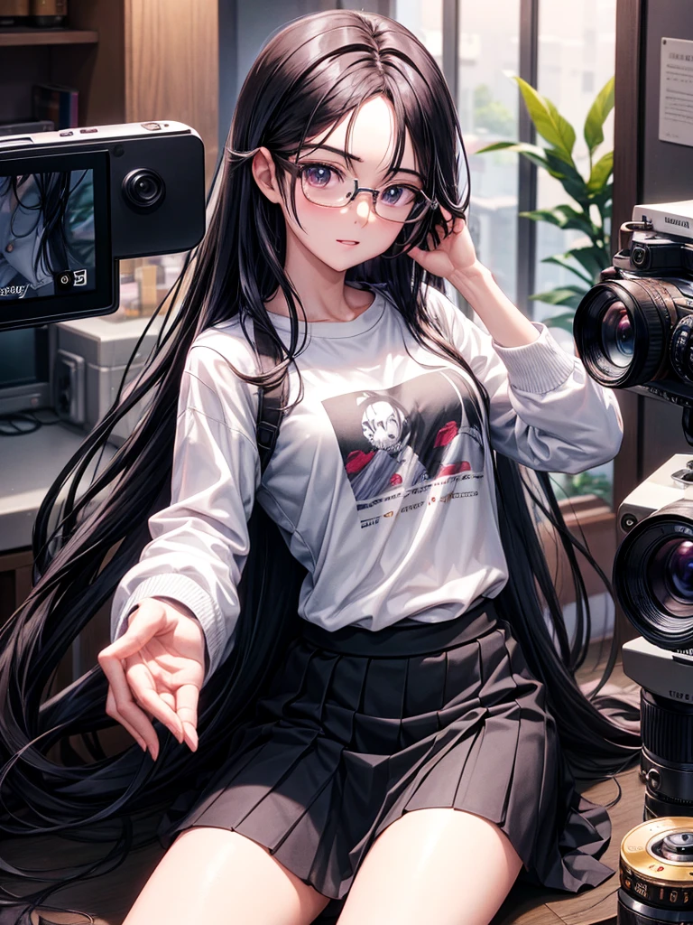 20 year old female、shiny hair quality、beautiful black hair、straight hair、super long hair、Shaggy Hair、Glasses、Glasses美人、woman holding a camera、Digital single-lens camera、Mirrorless Camera、cameraman、プロcameraman、shirt、skirt、cute、perfect skeleton