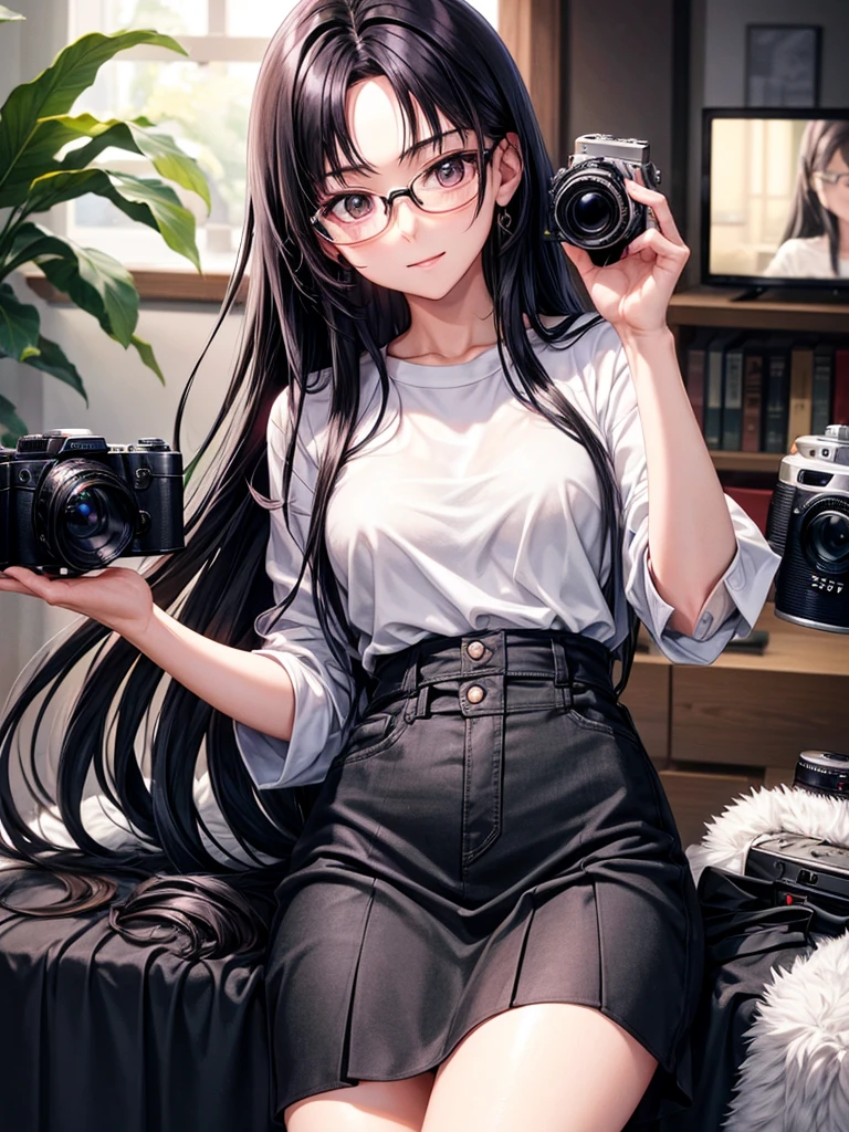 20 year old female、shiny hair quality、beautiful black hair、straight hair、super long hair、Shaggy Hair、Glasses、Glasses美人、woman holding a camera、Digital single-lens camera、Mirrorless Camera、cameraman、プロcameraman、shirt、skirt、cute、perfect skeleton