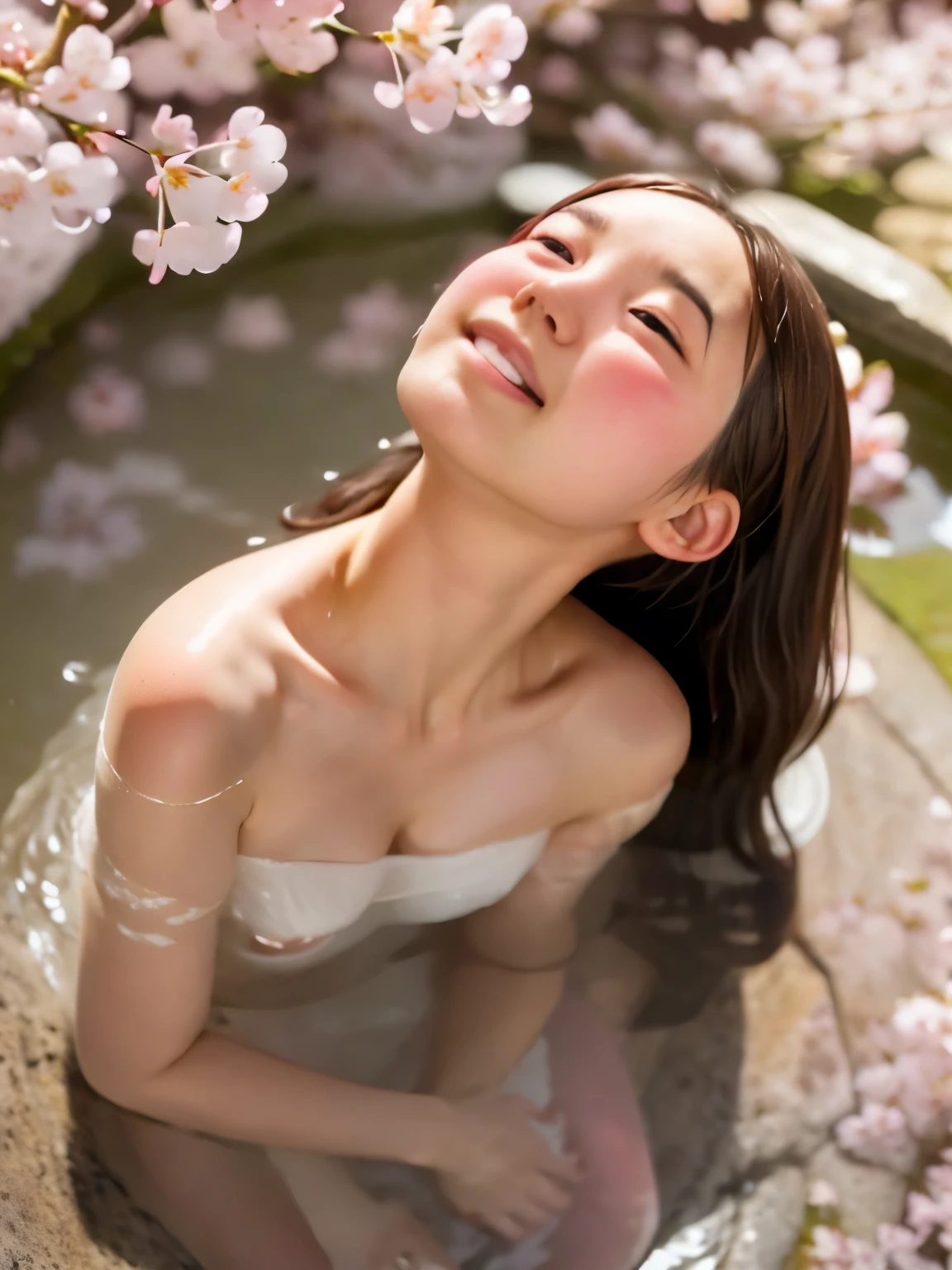 no NSFW, ((No naked, naked towel)), ((JPHS)), (solo), 22yo, japanese woman, Masterpiece:1.3, Best Quality:1.3, Ultra-realistic capture, Highly detailed, High resolution 16k, natural white skin, perfect anatomy, (((Hot spring under Under the cherry blossoms in full bloom, blue sky ))), Under the cherry blossoms, looking at cherry blossoms, (((chest:0.5))), ((rest bathing)), ((sitting on the rock)), (((Photographed looking up at the cherry blossoms over her shoulder:1.5))), smile,