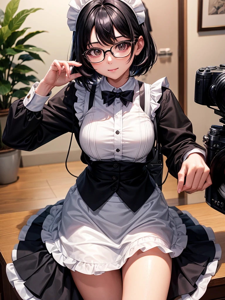 20 year old female、shiny hair quality、beautiful black hair、bob hair、Glasses、Glasses美人、Woman looking into the camera、Cosplay photoshoot、Digital single-lens camera、Mirrorless Camera、cameraman、プロcameraman、Maid clothes、skirt、cute、perfect skeleton