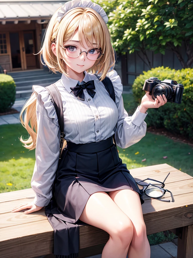 20 year old female、shiny hair quality、Beautiful Blonde Hair、bob hair、Glasses、Glasses美人、Woman looking into the camera、Outdoor portrait photography、Digital single-lens camera、Mirrorless Camera、cameraman、プロcameraman、Maid clothes、skirt、cute、perfect skeleton