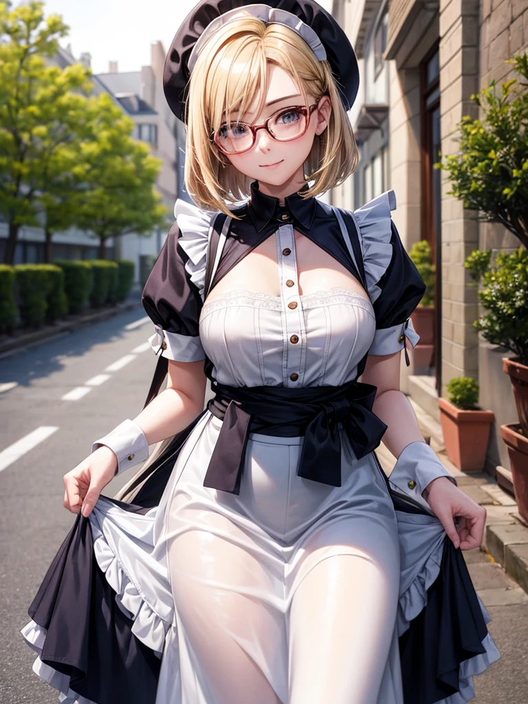 20 year old female、shiny hair quality、Beautiful Blonde Hair、bob hair、Glasses、Glasses美人、Woman looking into the camera、Outdoor portrait photography、Digital single-lens camera、Mirrorless Camera、cameraman、プロcameraman、Maid clothes、skirt、cute、perfect skeleton